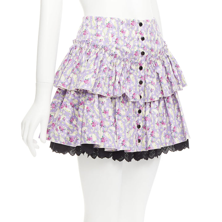 MARC JACOBS Mini Prairie Skirt purple floral print black lace trim tiered US0 XS