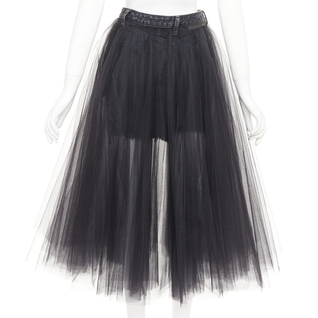 UNRAVEL PROJECT Ben Taverniti black denim tulle layered midi tutu skirt 25"