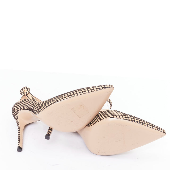 GIANVITO ROSSI Sofia nude nappa black fishnet ankle straps pumps EU37.5
