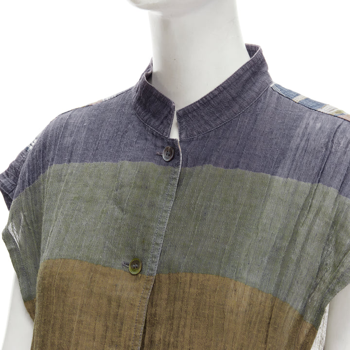 ISSEY MIYAKE Vintage 1970's 100% linen blue green check patchwork vest JP9 S