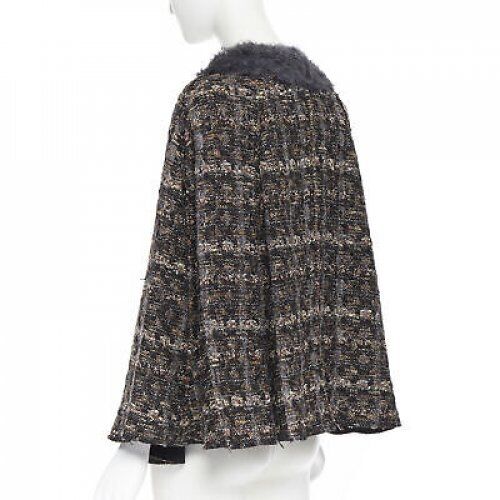 DOLCE GABBANA brown black wool tweed shearling fur trimmed cape poncho jacket XS