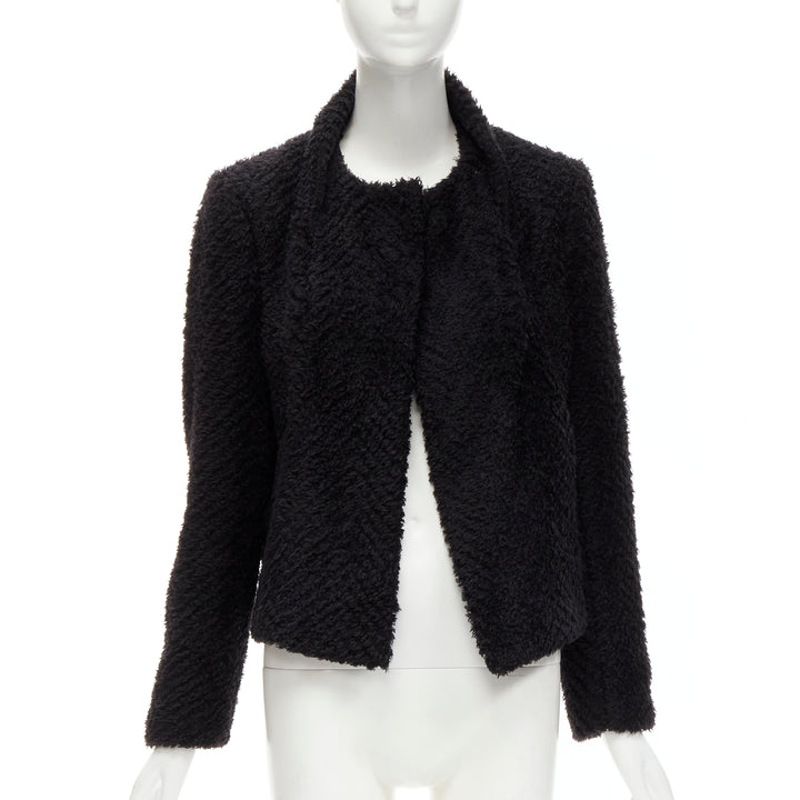 ISABEL MARANT black wool blend fluffy stand collar minimal jacket FR36 S