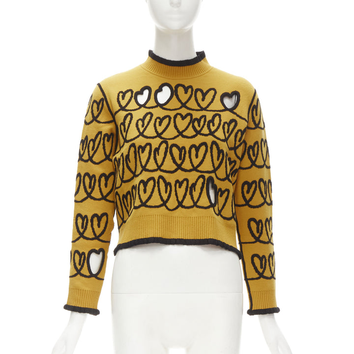 FENDI Scribble Heart cut out yellow black knit cropped pullover sweater S