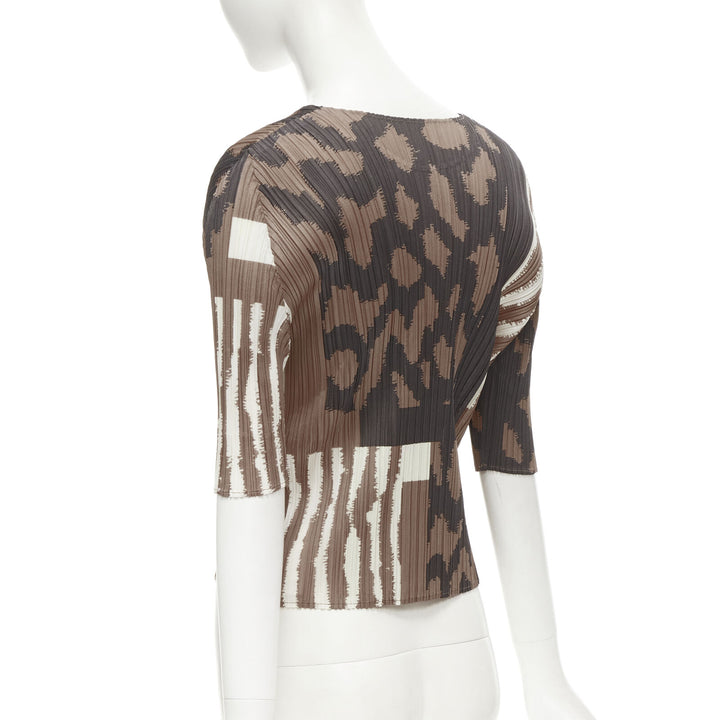 PLEATS PLEASE ISSEY MIYAKE brown ethnic abstract print plisse pleated top