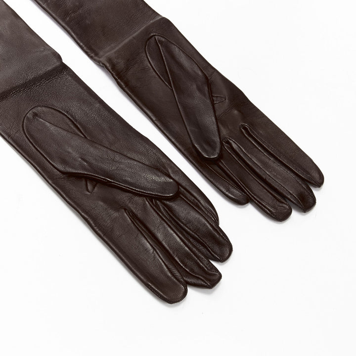 GUCCI Vintage dark brown leather gold stud trim long gloves Sz.7