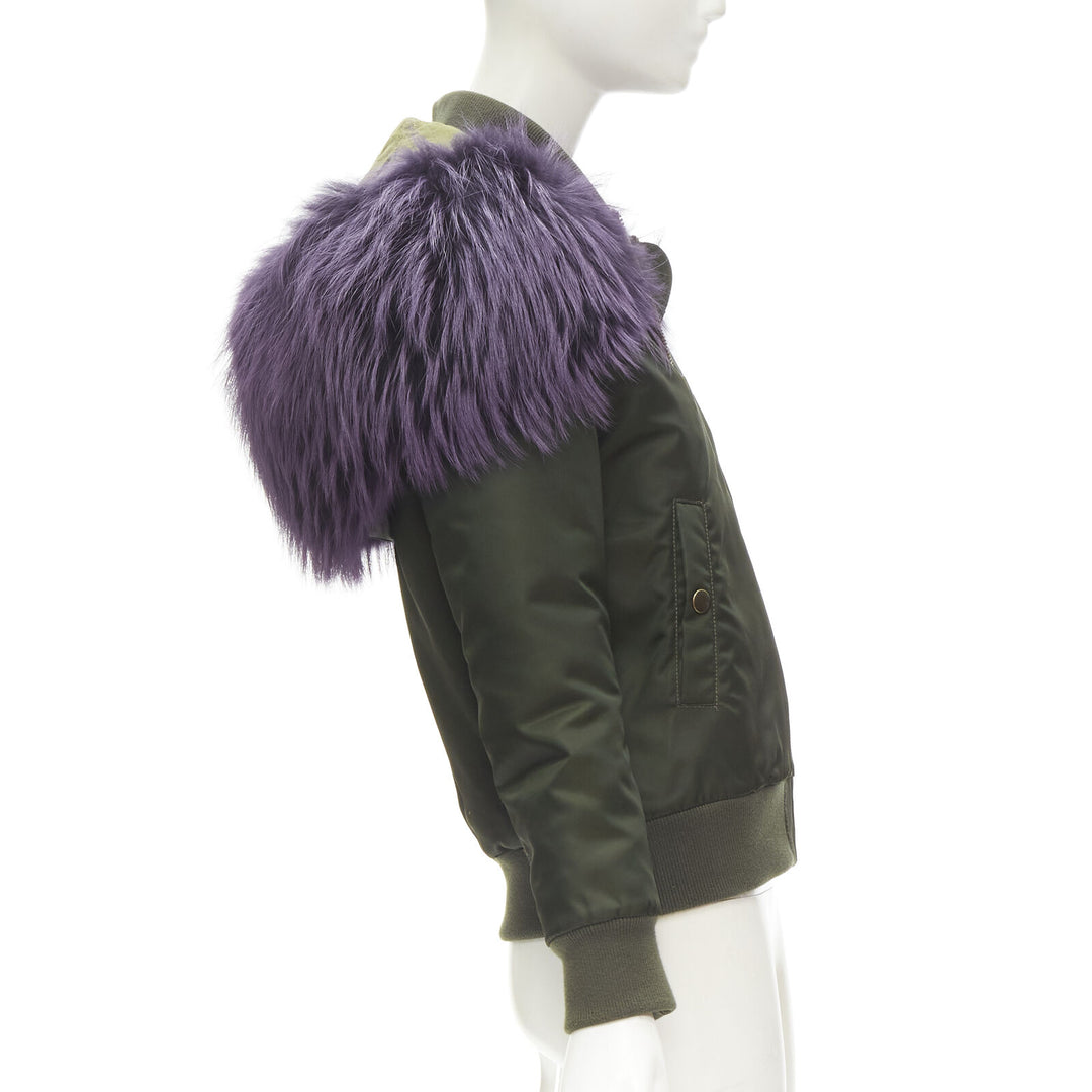 MR AND MRS ITALY green nylon purple fox fur fully lined MA-1 bomber jacket XS