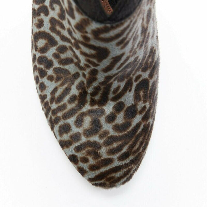 ALAIA blue black leopard print calf hair suede angular wing back bootie EU39.5