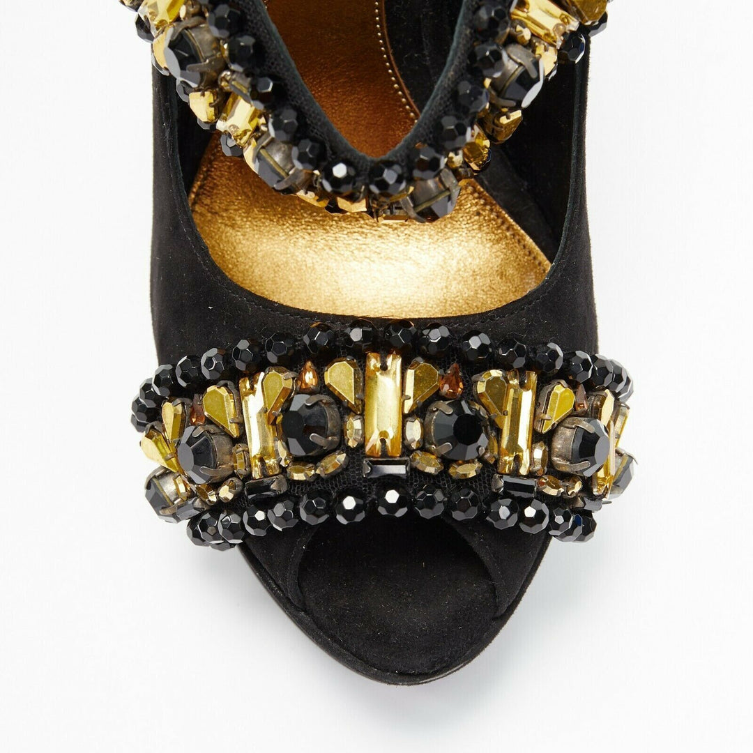 ALEXANDER MCQUEEN black suede gold jewel strap peep toe curved heel wedge EU37.5