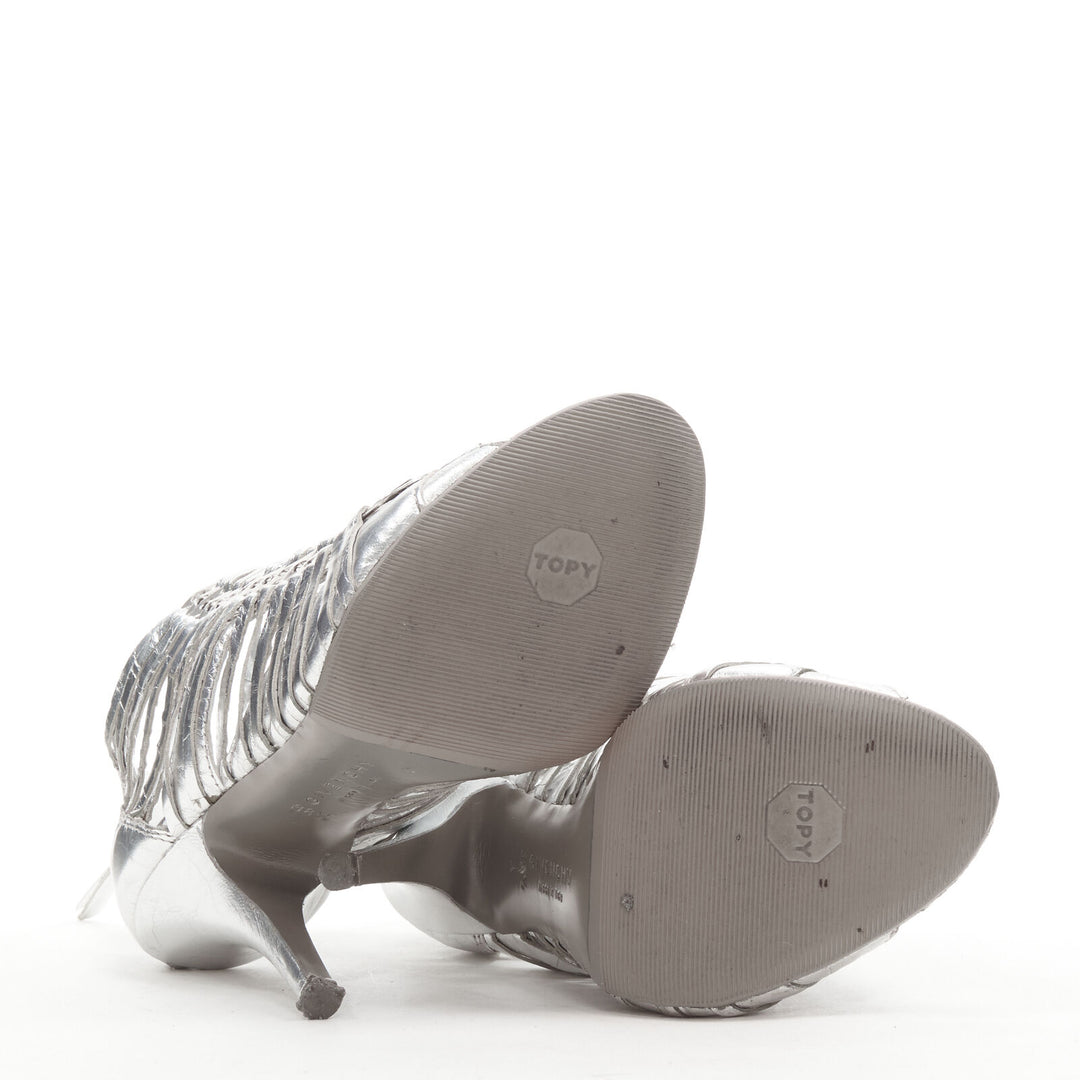 GIVENCHY metallic silver metal discs embellished strappy peep toe bootie EU36.5