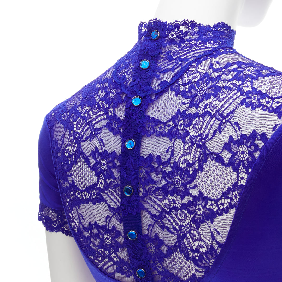 GIANNI VERSACE Vintage blue lace satin panels blue crystal body suit top