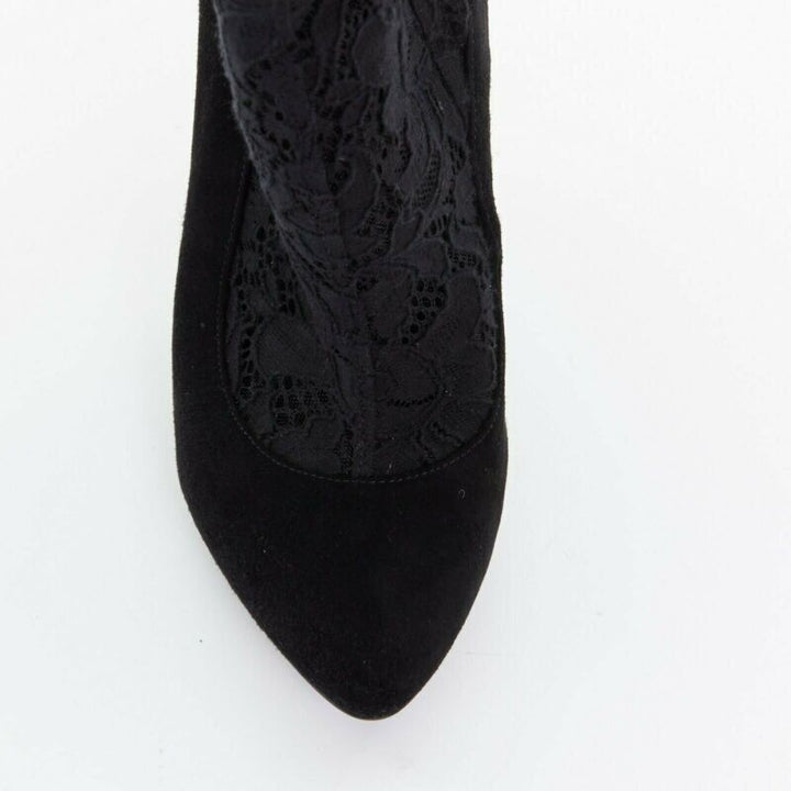 DOLCE GABBANA black floral lace mesh sock suede pump design short bootie EU39