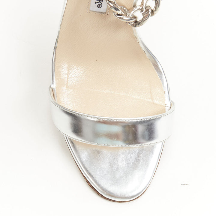 MANOLO BLAHNIK silver chunky chain lock ankle strap high heel sandal EU37 US7