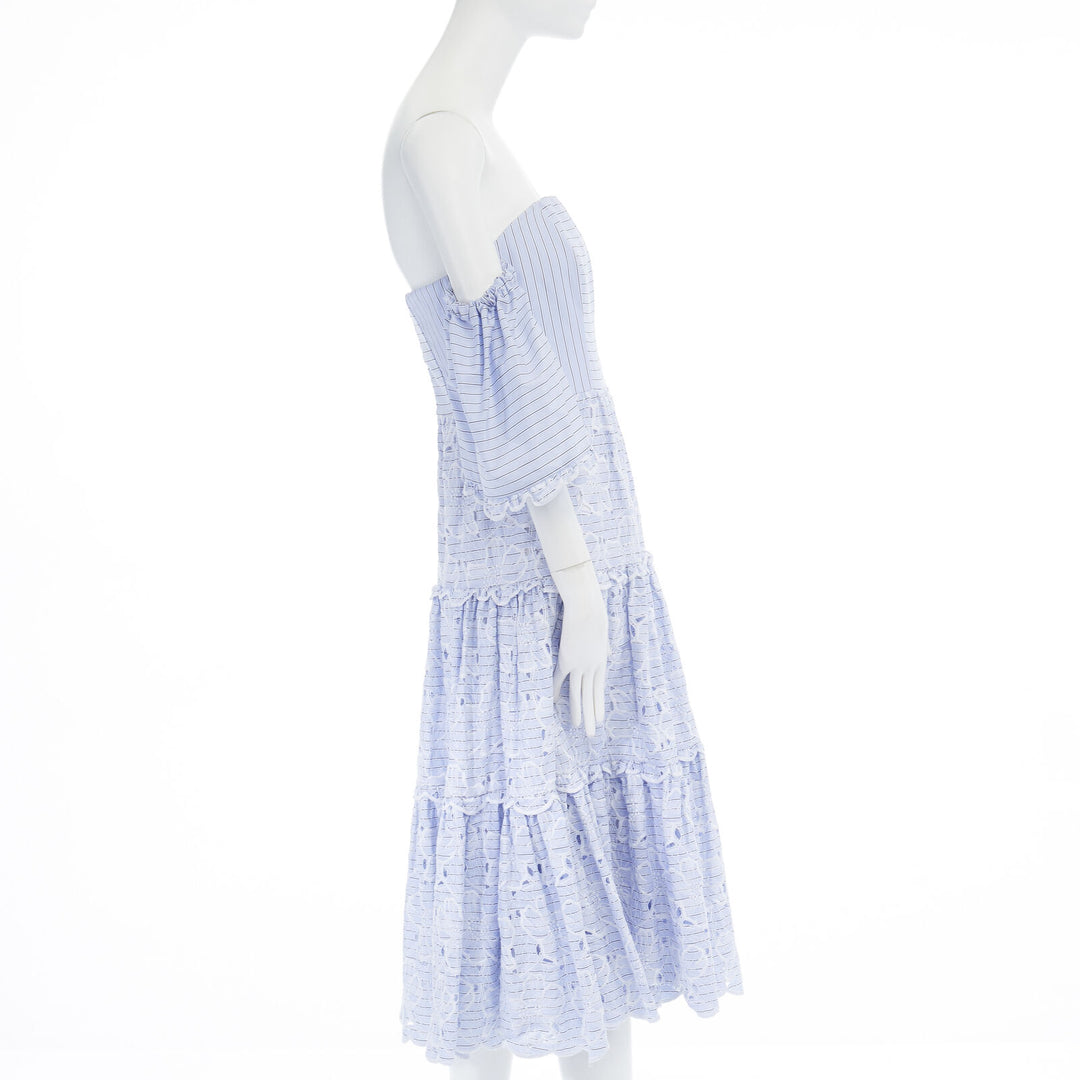 ERDEM Runway blue striped floral embroidery off shoulder cotton dress US6 M