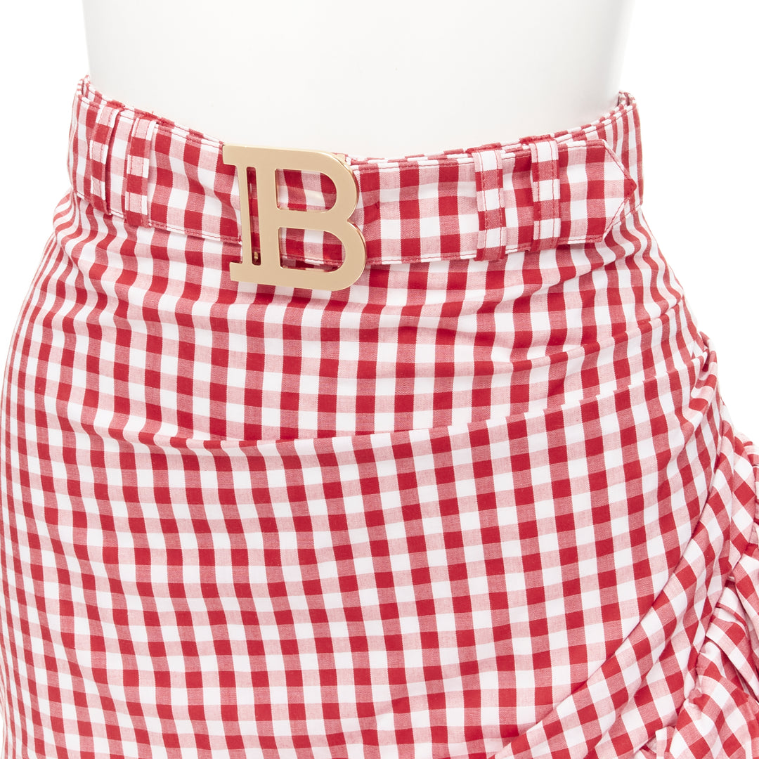 BALMAIN B logo buckle red white gingham ruffled cottage skirt FR34 XS