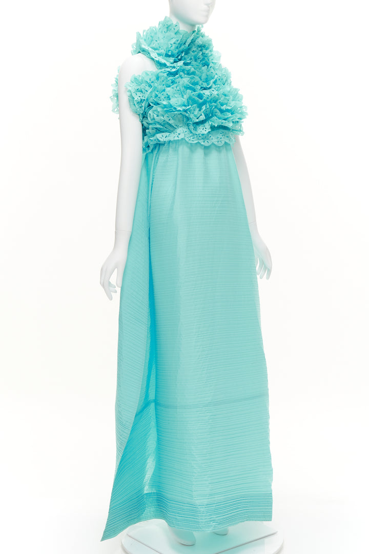 rare ISSEY MIYAKE sky blue laser cut ruffle high neck evening gown dress M