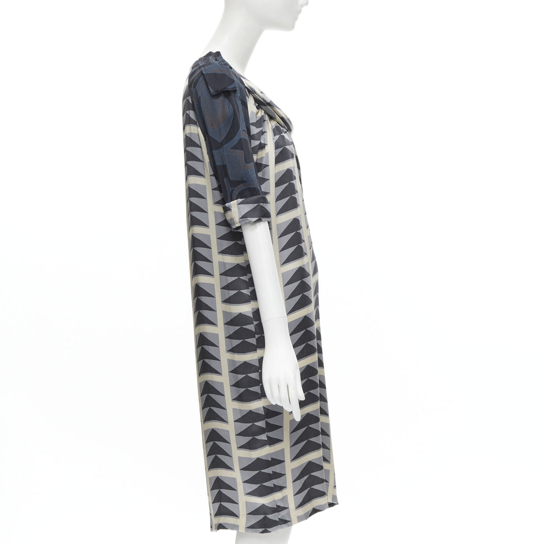 DRIES VAN NOTEN blue grey geometric print asymmetric draped sleeve dress FR36 S
