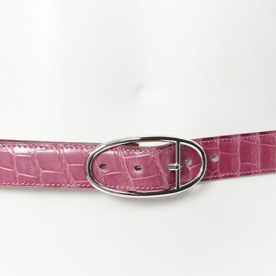 HERMES 24mm fuschia pink porosus scaled leather silver buckle belt FR80