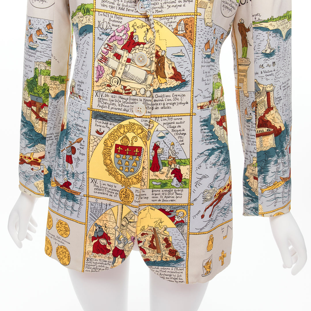 rare HERMES Vintage 100% silk Ancient French Map print blazer jacket FR38 M