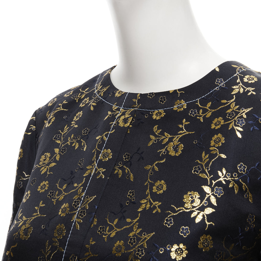 MARNI 2019 black gold blue floral jacquard cuffed sleeve trapeze dress IT40 S