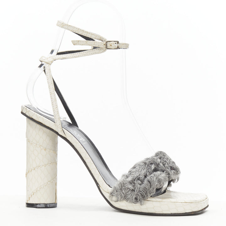 vintage GIANNI VERSACE white grey shearling ankle strap cone heel sandal EU36
