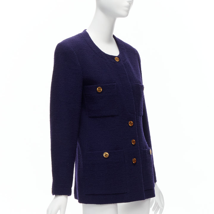 CHANEL Vintage navy blue tweed gold CC buttons 4 pocket jacket