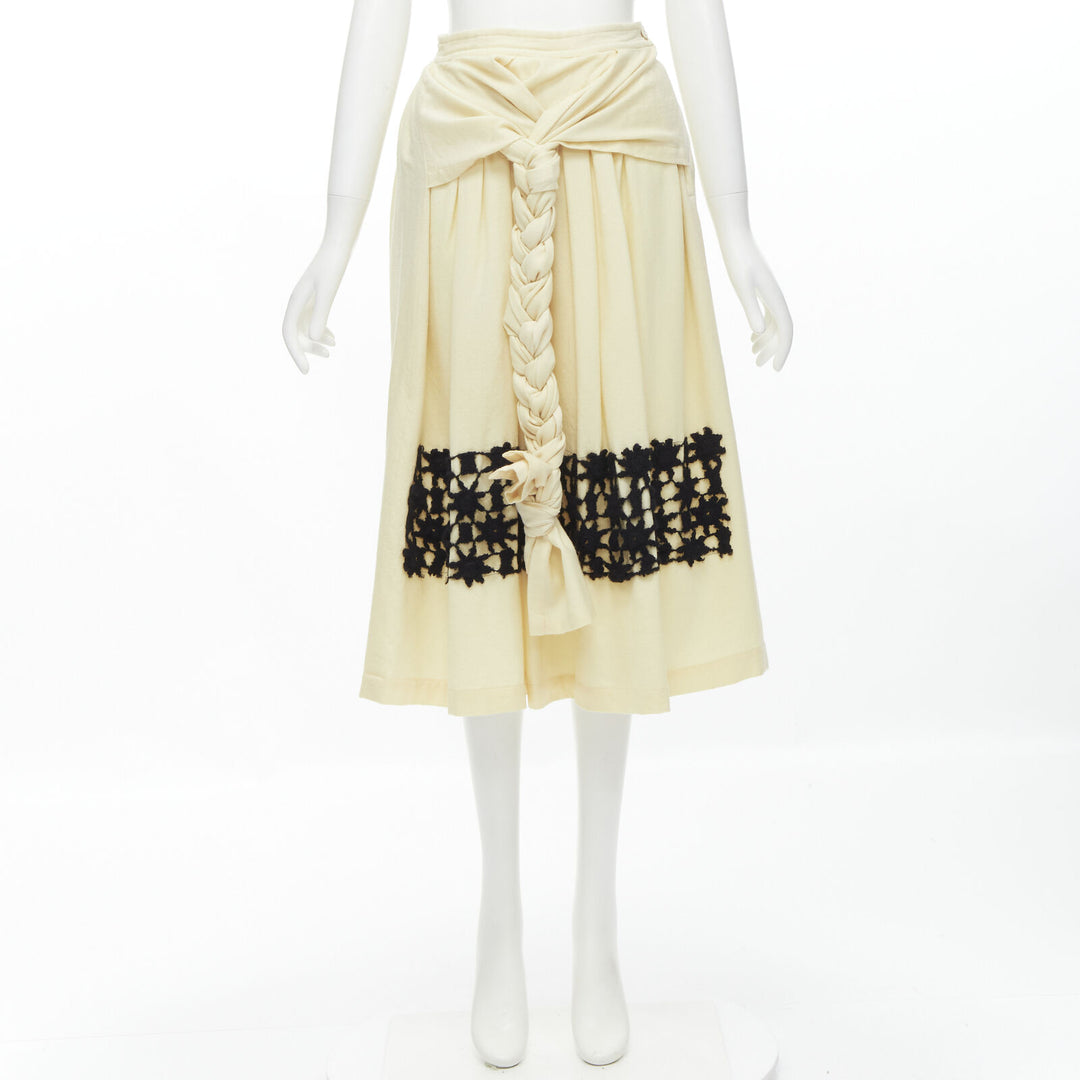 COMME DES GARCONS Vintage 1988 cream wool braid black lattice embroidery skirt M