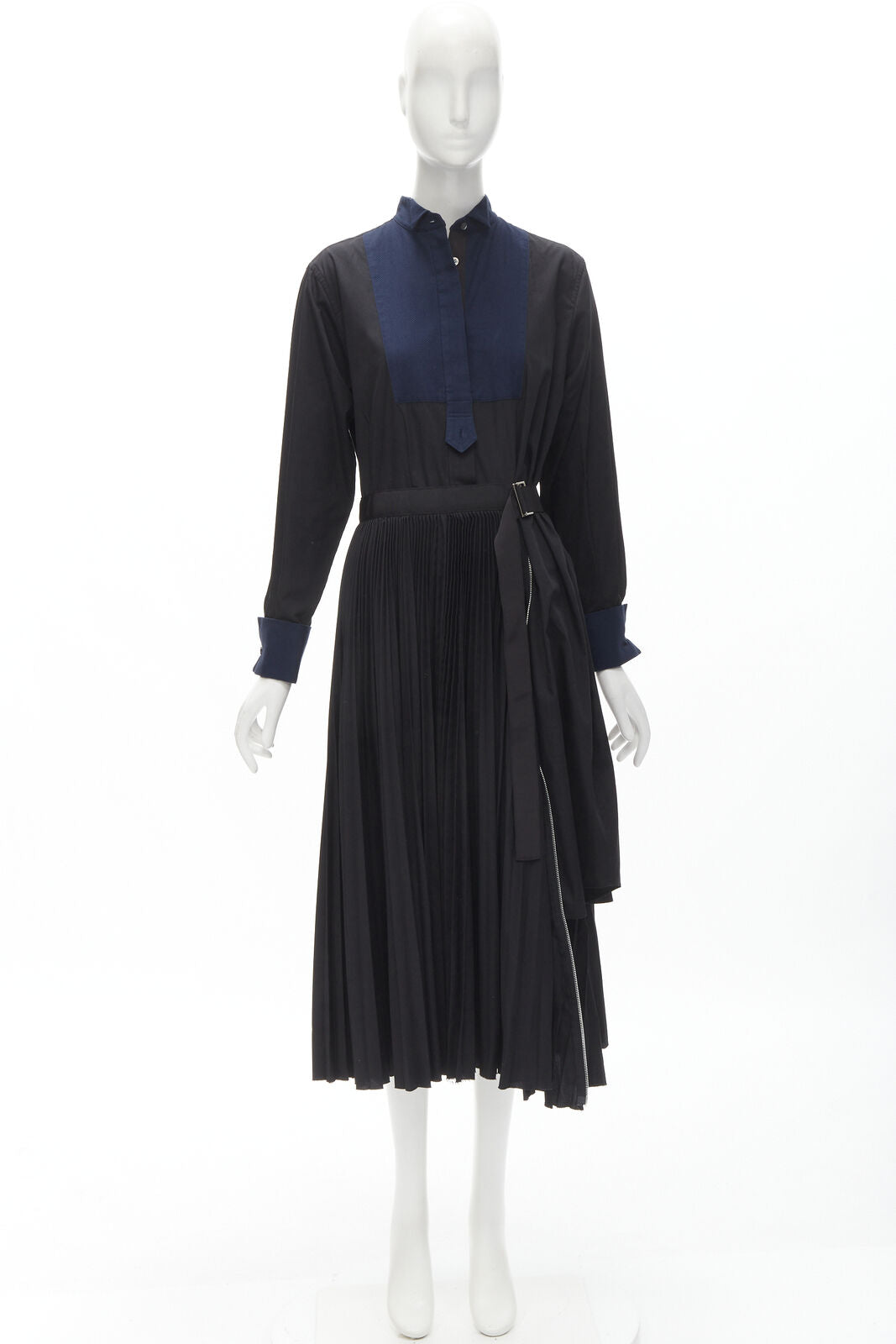 SACAI navy tuxedo bib collar black cotton pleated skirt belted midi dress JP2 M