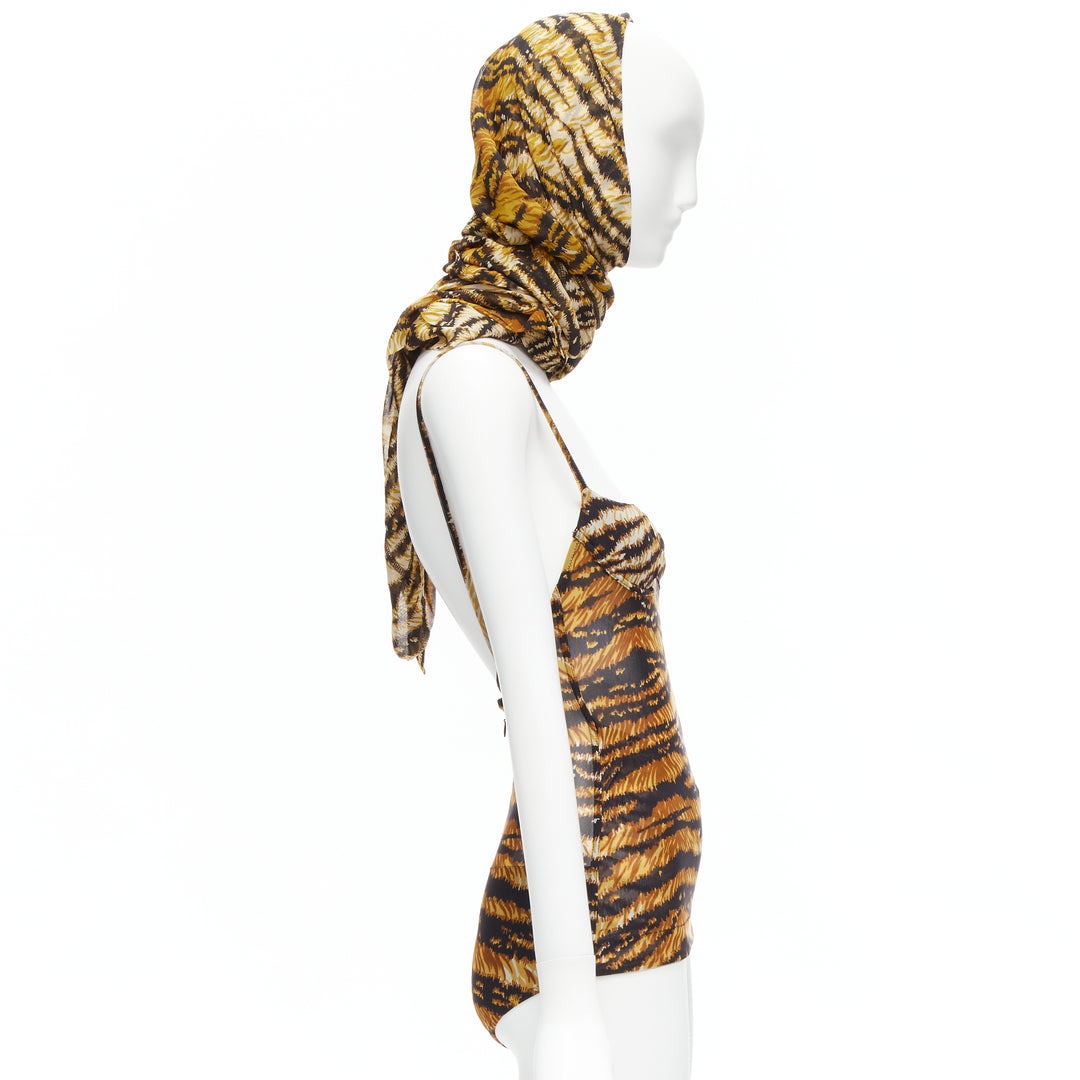 DOLCE GABBANA MARE Vintage brown tiger mesh bustier bodysuit wrap skirt scarf S