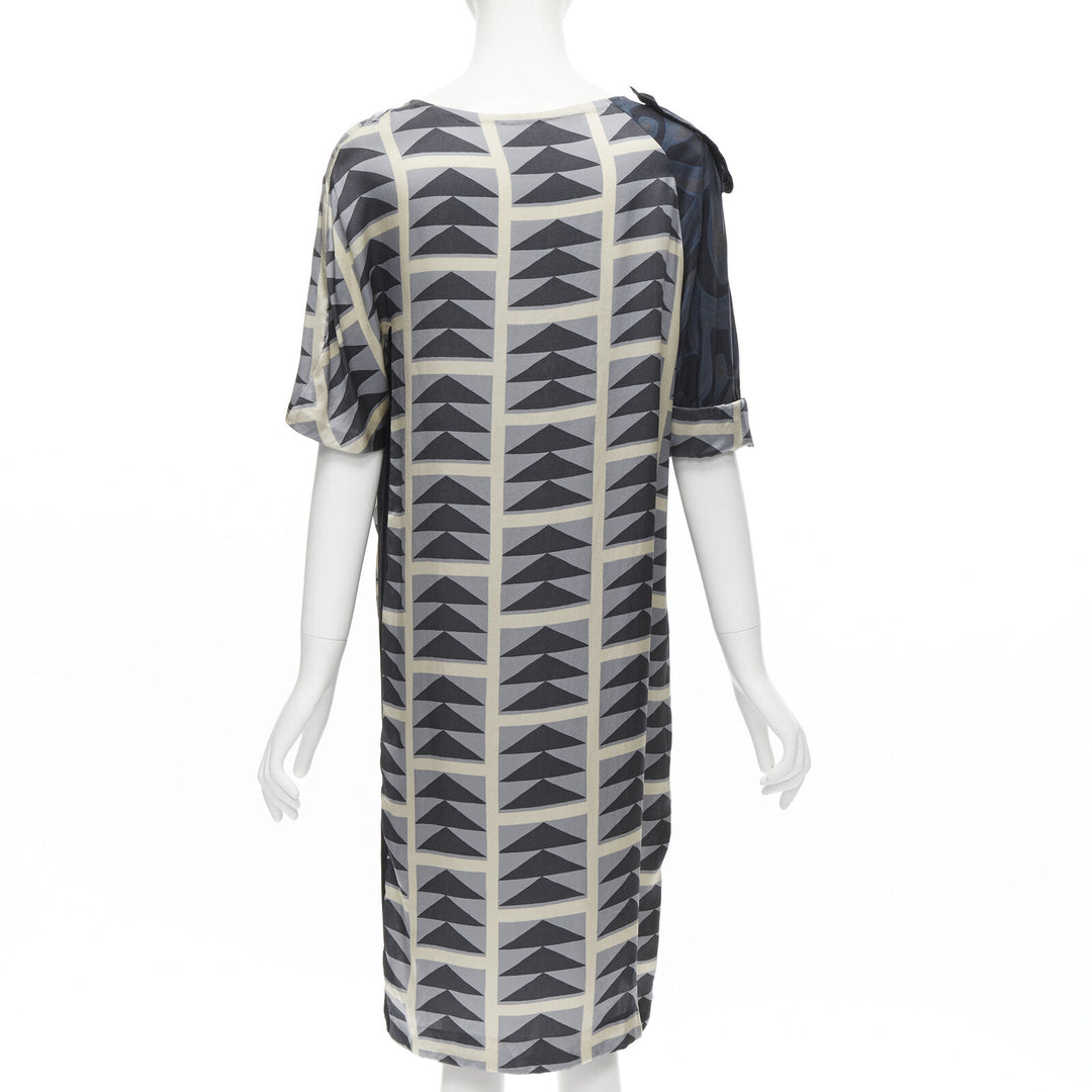 DRIES VAN NOTEN blue grey geometric print asymmetric draped sleeve dress FR36 S