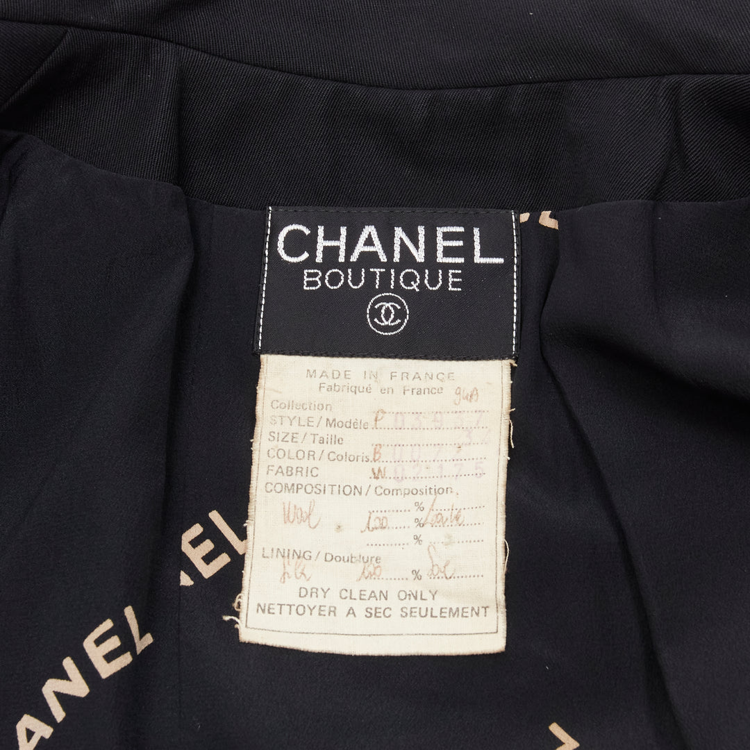 CHANEL 94A Vintage black wool gold CC button monogram lining blazer FR34 XS