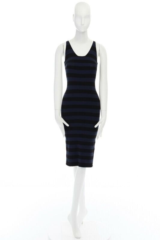TOMAS MAIER blue black stripe raw cut edge sleeveless stretch casual dress US2 S