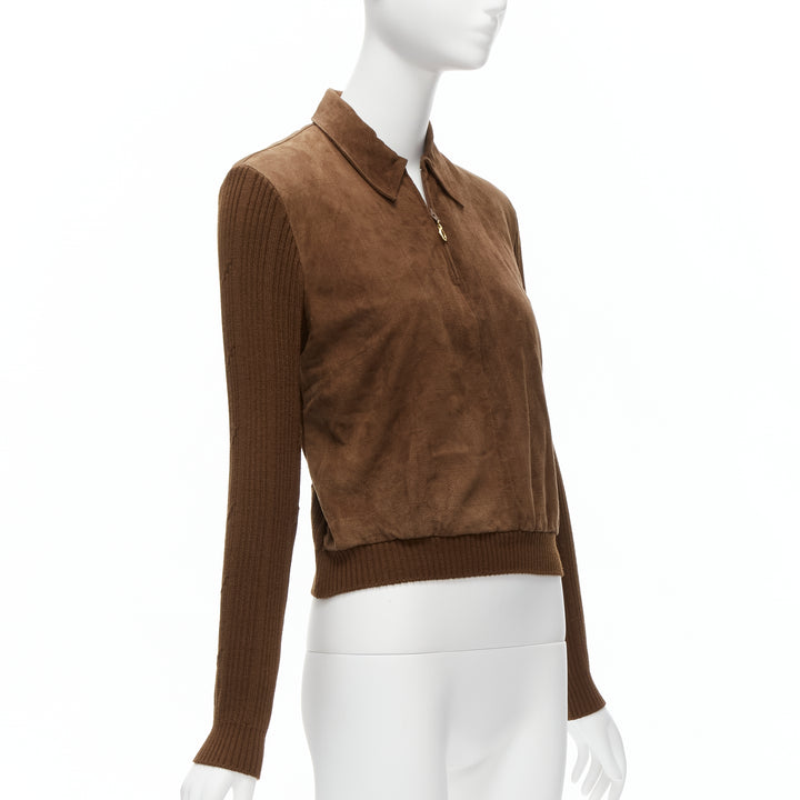 CHRISTIAN DIOR Vintage Cannage stitch brown suede ribbed half zip sweater