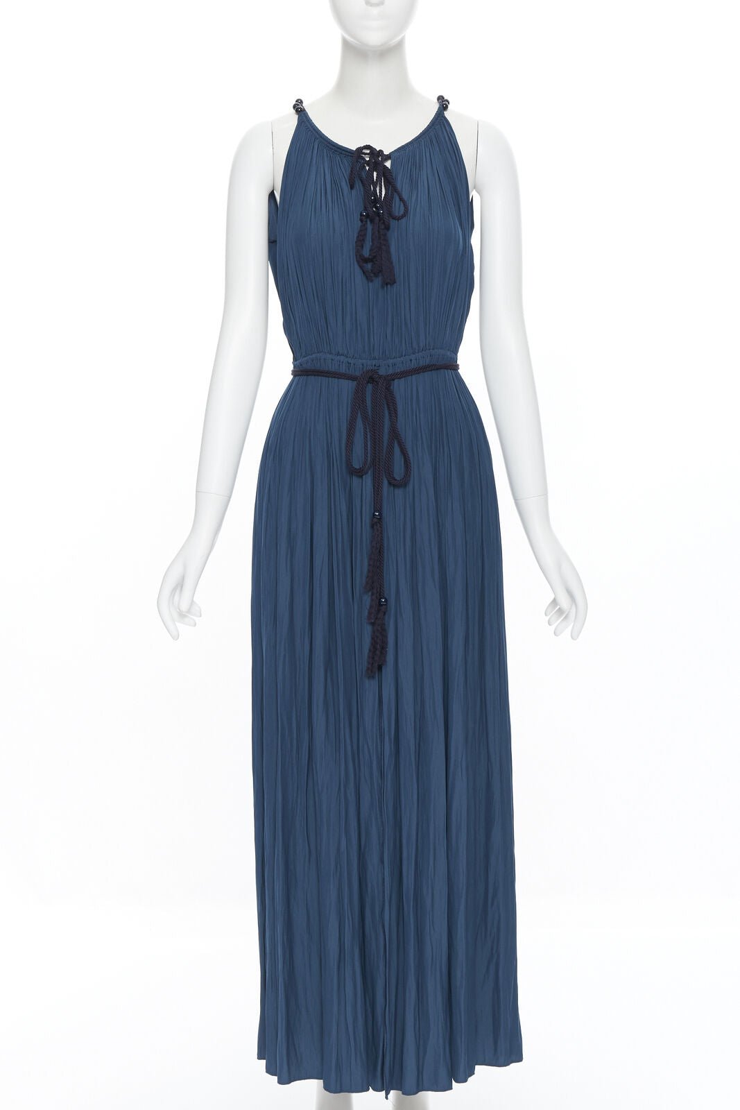 LANVIN 2016 teal blue pleated polyester beaded tie string slit maxi dress FR34