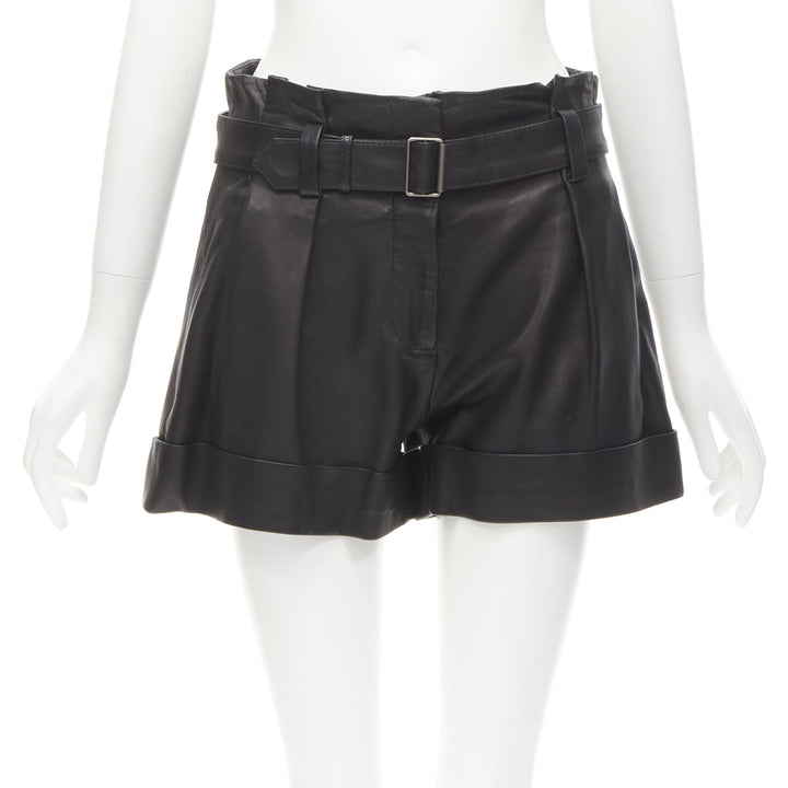 THEORY black leather belted paperbag waist wide cuffed shorts US0 XS