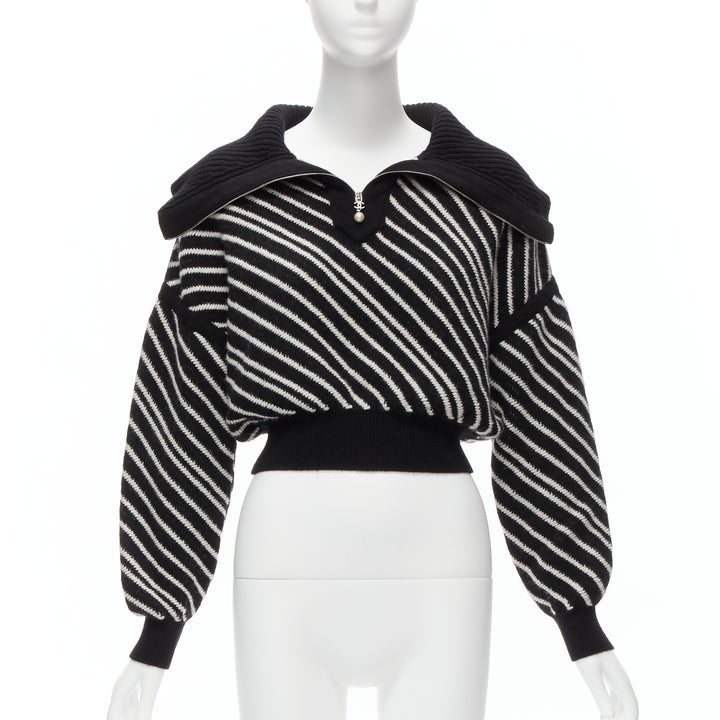 CHANEL 100% cashmere black white stripe CC crystal logo cropped sweater FR34 XS