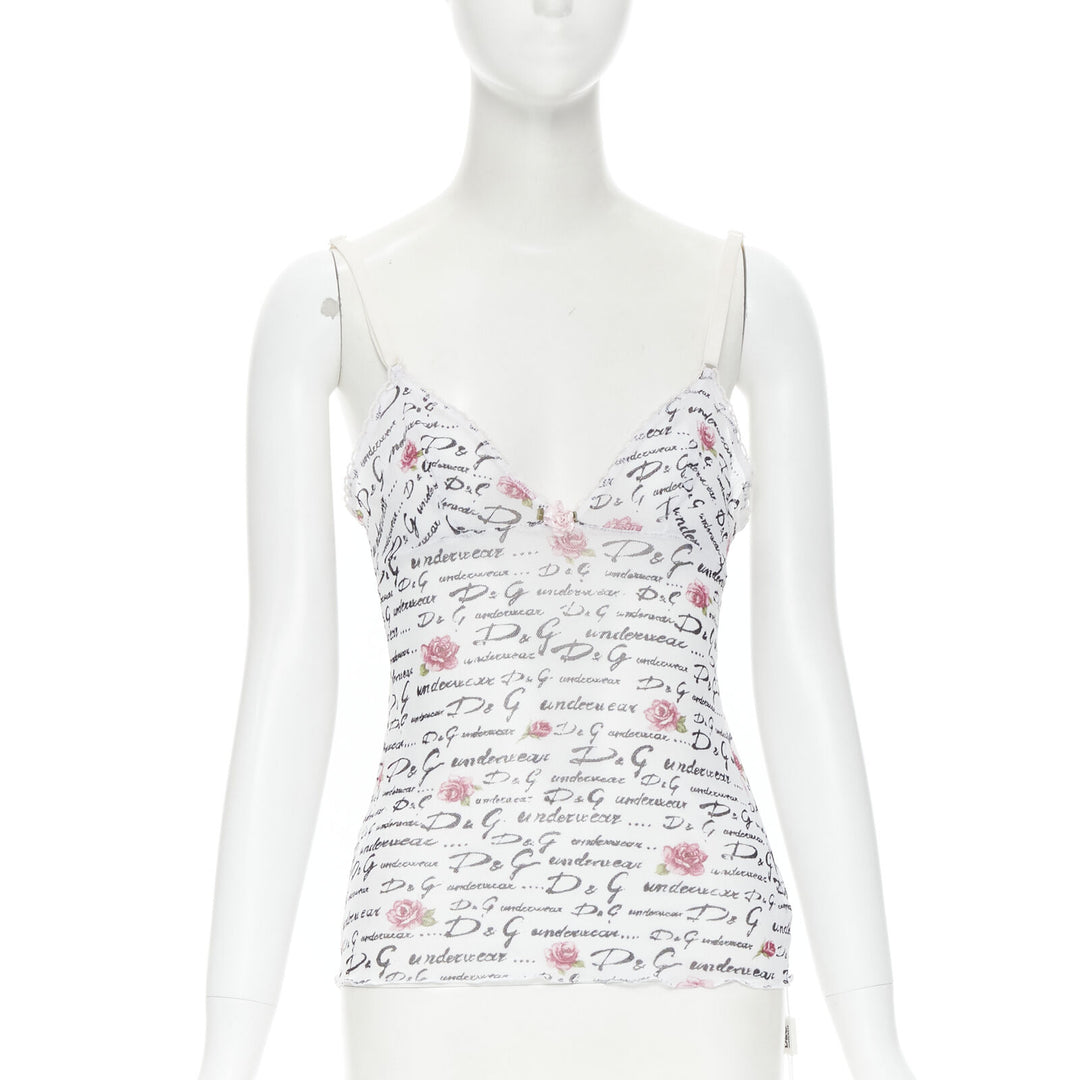 D&G DOLCE GABBANA Underwear white logo rose mesh lace trim cami tank top M