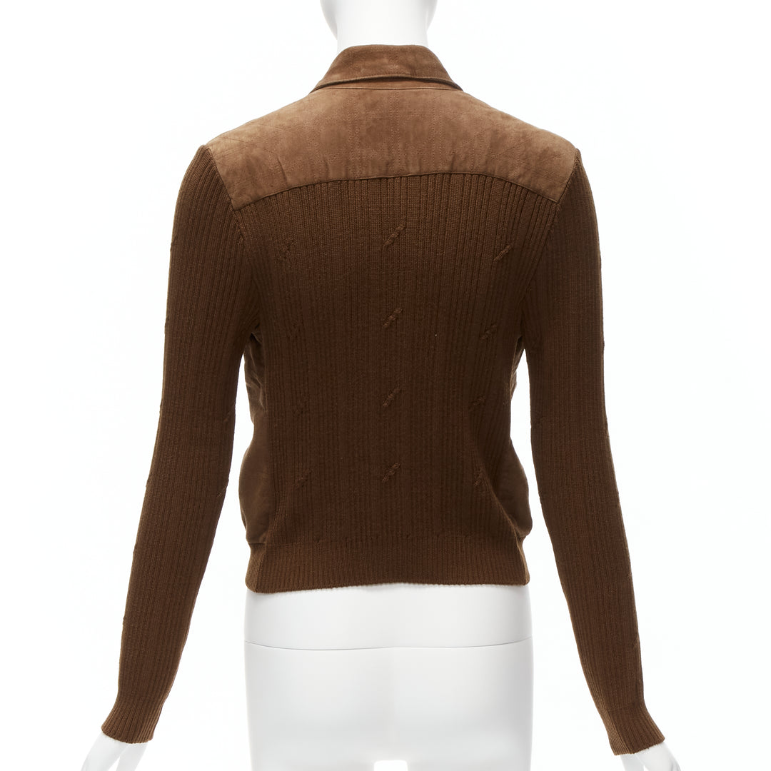 CHRISTIAN DIOR Vintage Cannage stitch brown suede ribbed half zip sweater