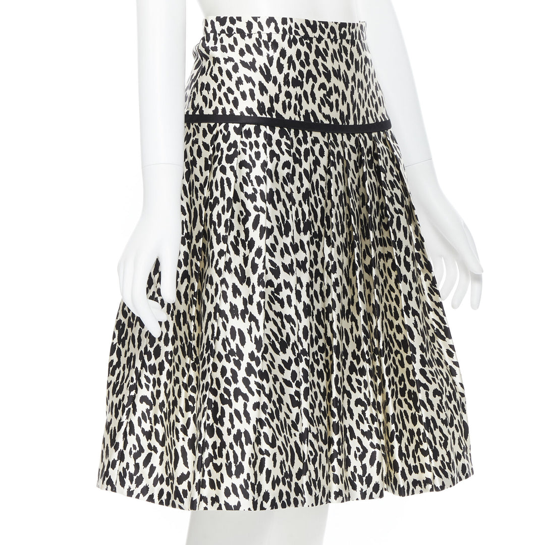 VALENTINO cotton silk black white leopard spot print pleated flared skirt IT38