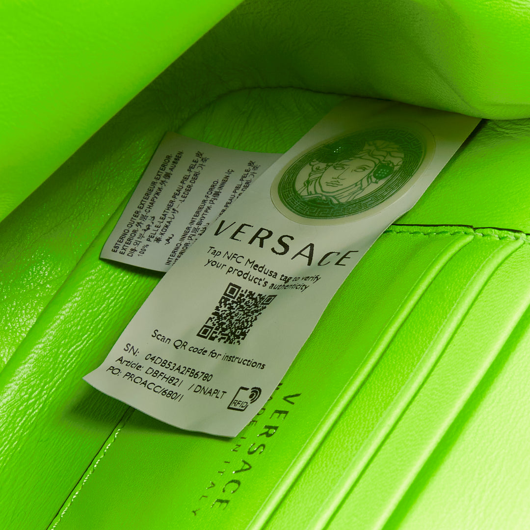 VERSACE Virtus bright green V quilted patent leather crossbody flap bag