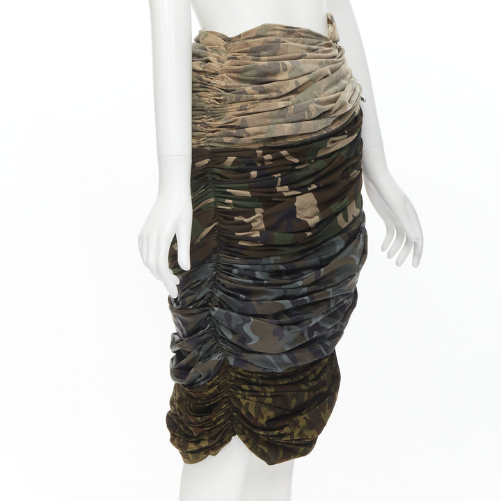 COMME DES GARCONS 2005 Runway mixed cotton nylon blue green camo ruched skirt XS