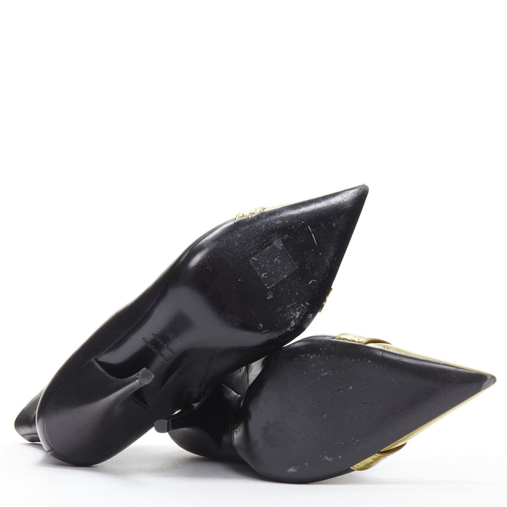 TOM FORD black leather gold toe cap logo stiletto heel ankle boots EU39