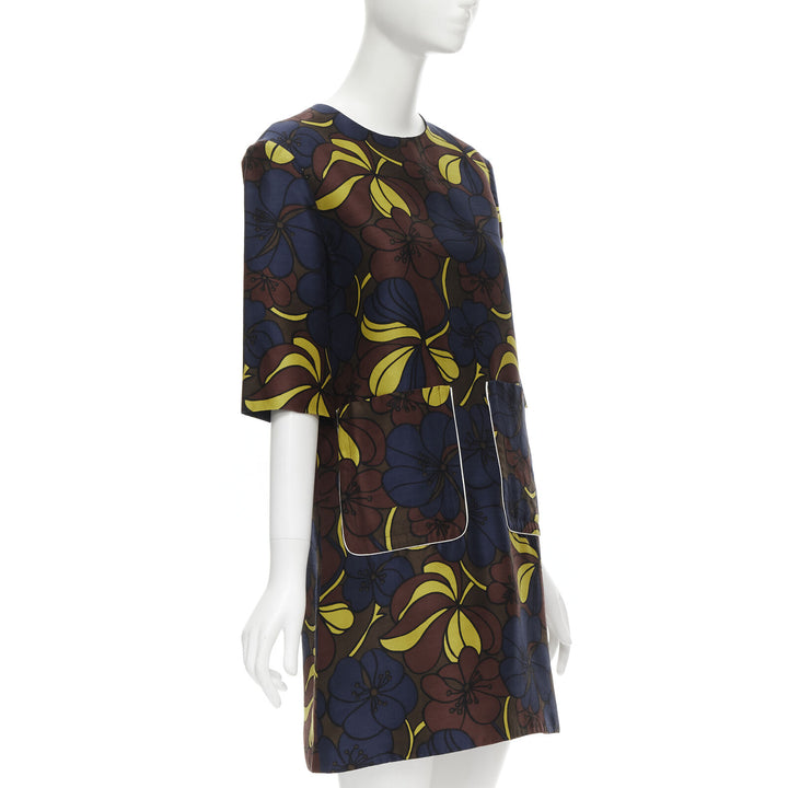 MARNI floral print wool silk crepe patch pocket boxy A-line dress IT38 XS