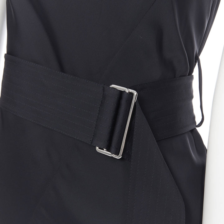 VICTORIA BECKHAM 2018 Runway black satin leather collar belted dress UK12 L