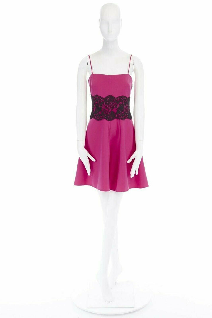 VALENTINO pink wool blend black lace trimmed waist flared skirt dress IT42 M