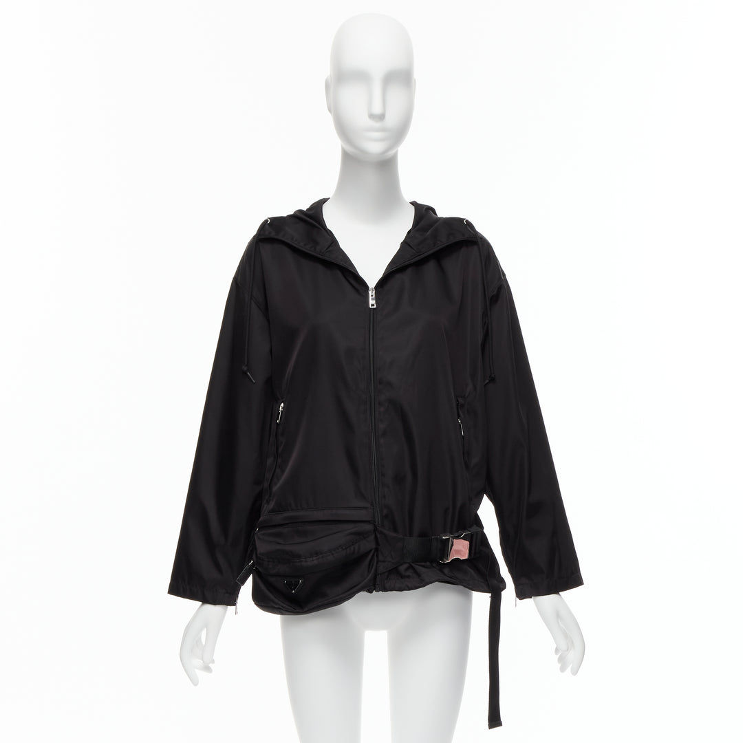 PRADA 2019 black nylon triangle logo waist bag hooded windbreaker jacket IT36 XS