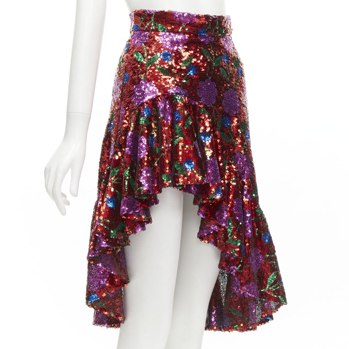 GIUSEPPE DI MORABITO red pink floral sequins asymmetric ruffled skirt IT38 XS