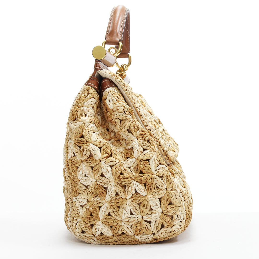 DOLCE GABBANA Sicily beige raffia crochet large top handle crossbody bag