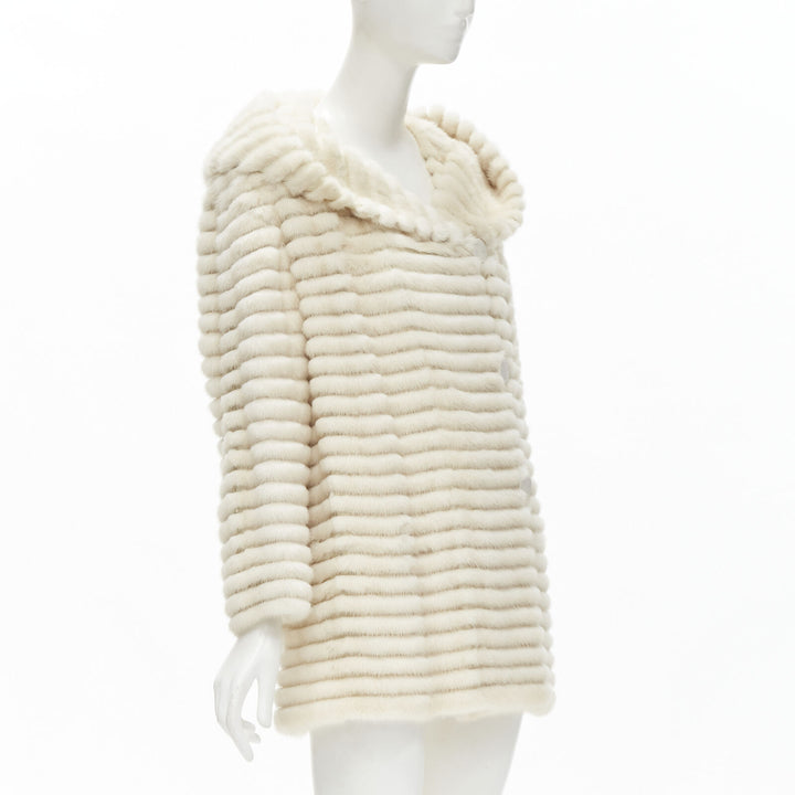 MARCO VANOLI cream tulle fur stripes buttoned asymmetric hooded jacket IT40 S