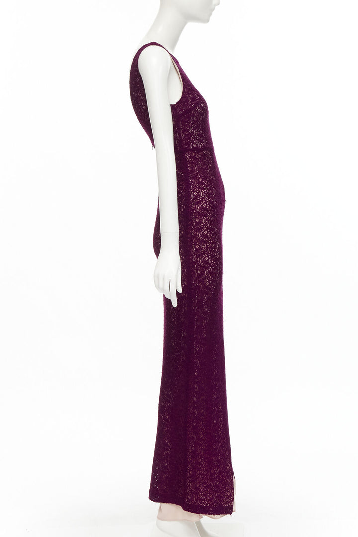 ALICE OLIVIA purple lace nude lining front slit formal dress US0