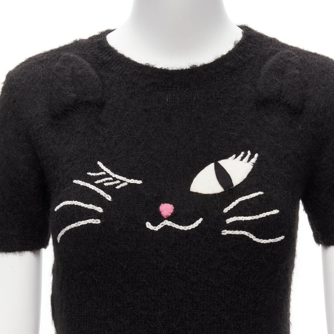 rare MOSCHINO BOUTIQUE black winking cat 3D ears furry cropped sweater IT42 M